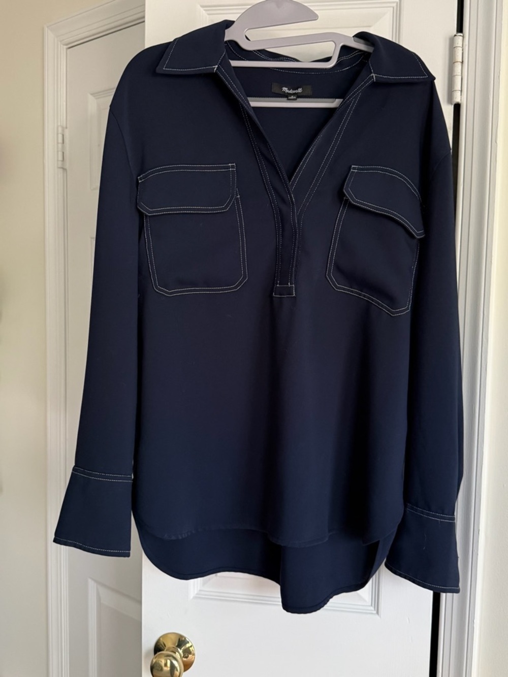 Madewell Blue Contrast Stitch Popover Long Sleeve Shirt Patch Pocket - Size M - Picture 2 of 9